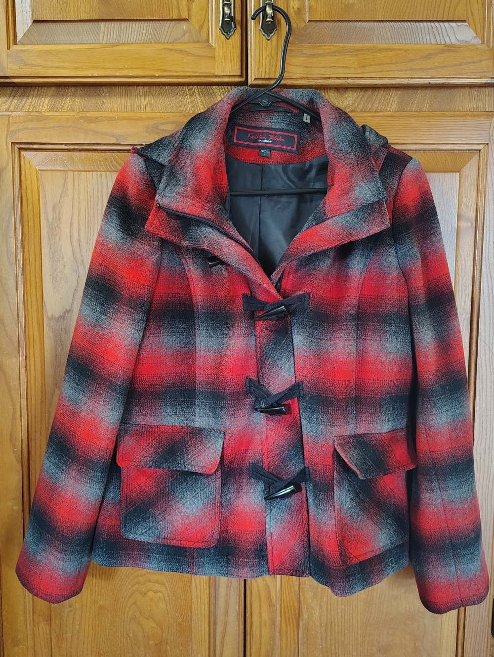 Kristen Blake Hooded Toggle Coat Red Black Plaid Duffle Style Jacket Wool Sz L